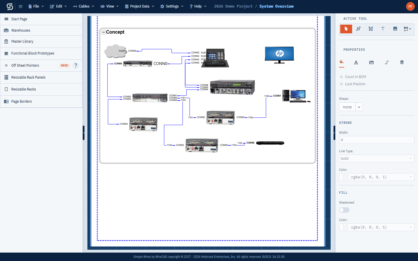 The Simple Wires drawing editor with a block diagram open