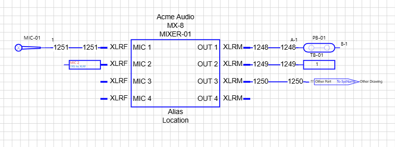 A mixer with a microphone, an adapter, a jack pair, a single terminal and an off sheet pointer cabled to its ports